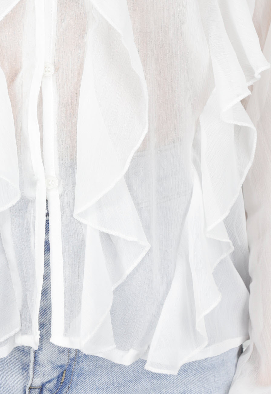 Witte Chiffon Blouse met Ruffles en Lange Mouwen