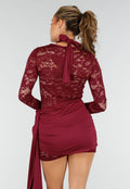 Bordeaux Kant Jurk met Lange Mouwen en Gedrapeerd Detail