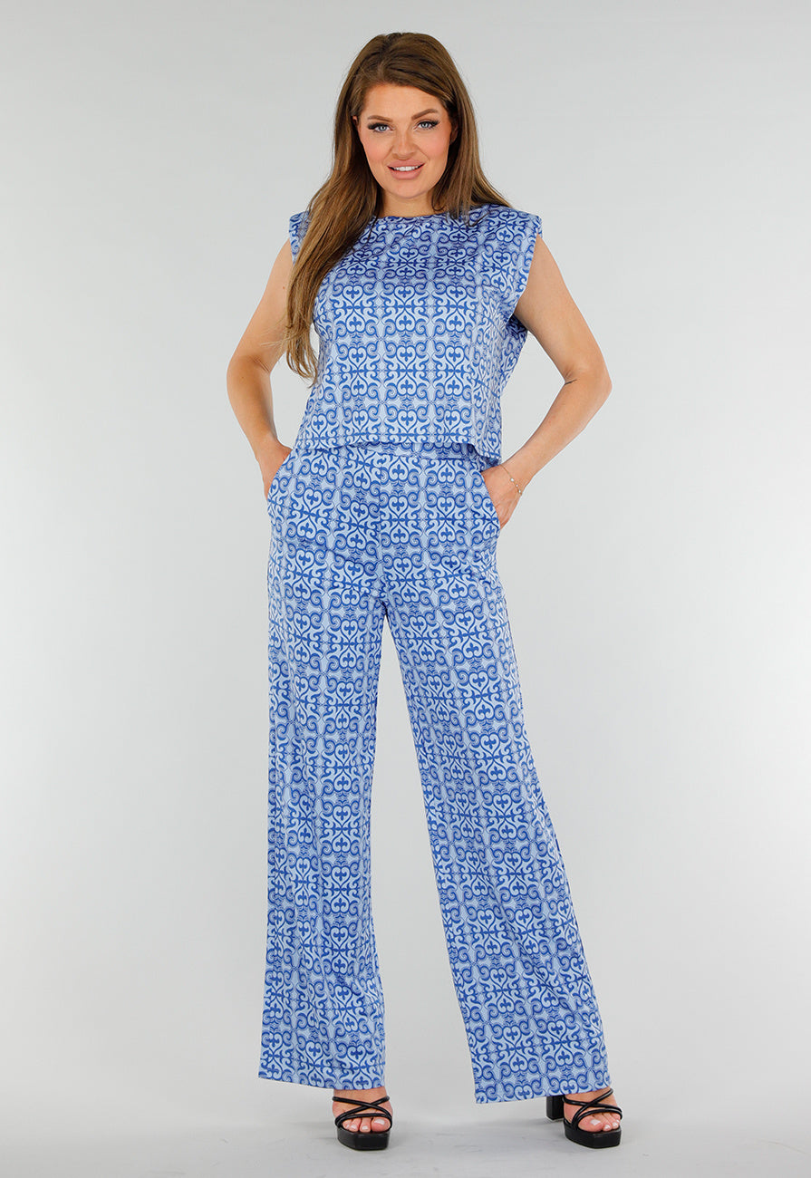 Blauwe Mouwloze Stretch Top met Schoudervullingen