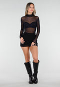 Zwarte Mesh Body met Blauwe Glitters en Lange Mouwen  en Col