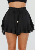 Zwarte Ruffle Skort met Elastische Taille en Strikkoord