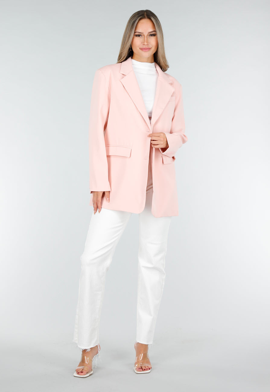 Lichtroze Oversized Blazer met Knoopsluiting en Reverskraag