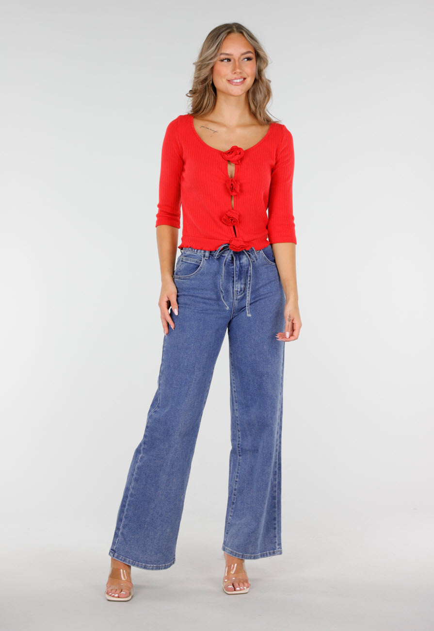Blauwe Wide Leg Jeans met Elastische Taille en Strikkoord