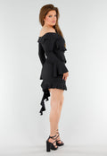 Zwarte Off-Shoulder Jurk Met Volants en Lange Mouwen
