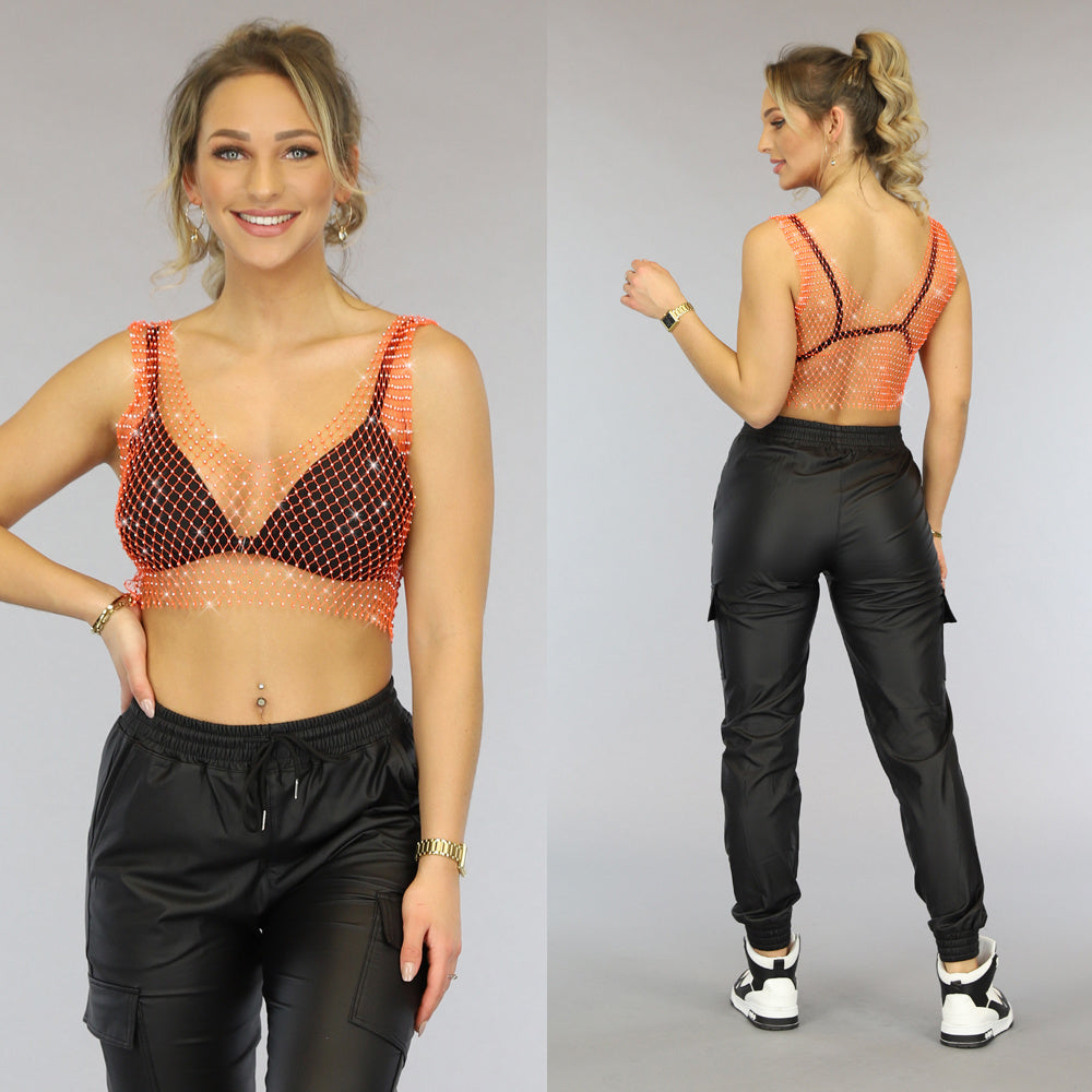Oranje Fishnet Topje met Strass