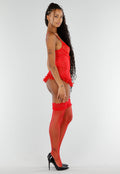 Rode Lingerie Set met Korsettop Jarretels Kanten Details en Netkousen