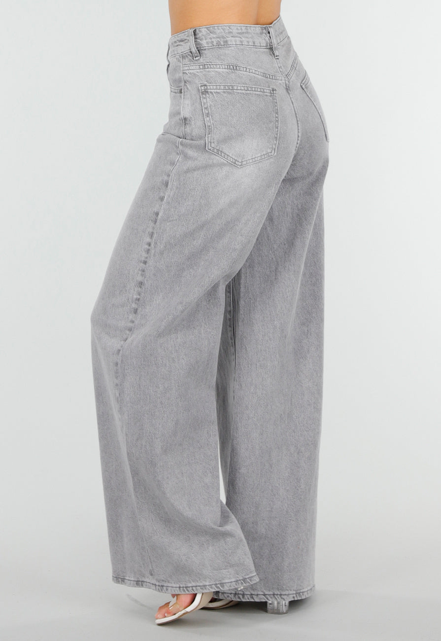Grijze Extra Wide Leg Jeans met Hoge Taille en Rechte Pijpen