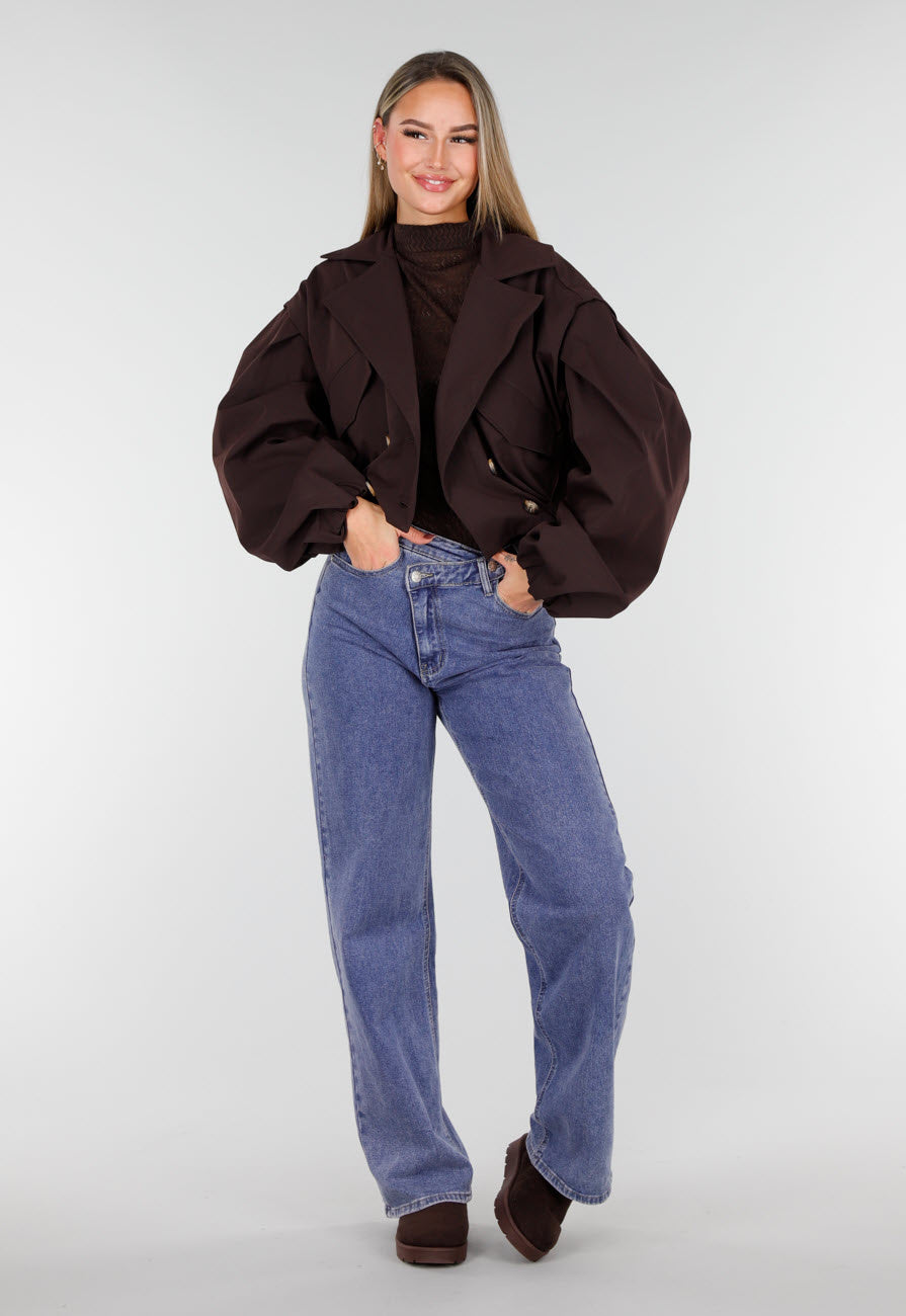 Donkerbruin Cropped Jasje met Pofmouwen en Gouden Knopen