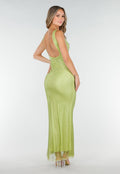 Groene Lange Glitter Jurk met Strass Steentjes en Lage Rug
