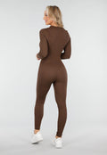 Bruine Rib Jumpsuit Met Lange Mouwen en Ritssluiting