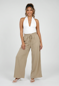 Taupe Wide Leg Broek met Smock Taille en Strikkoord