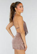 Taupe Fringe Halter Top met Lange Franjes en Open Rug