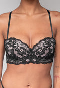 Zwarte Kanten Balconette BH met Push-Up en Afneembare Bandjes
