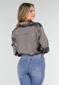 Satijnen Blouse Grijs met Lange Mouwen En Knoopsluiting