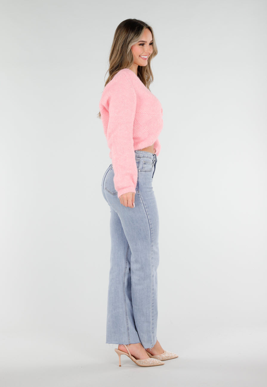 Roze Gebreide Twist Trui met V Hals en Open Rug