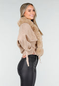 Camel Gebreide Cardigan met Faux Fur Kraag