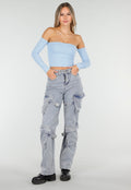 Blauwe Off Shoulder Top met Lange Mouwen en Stretchstof