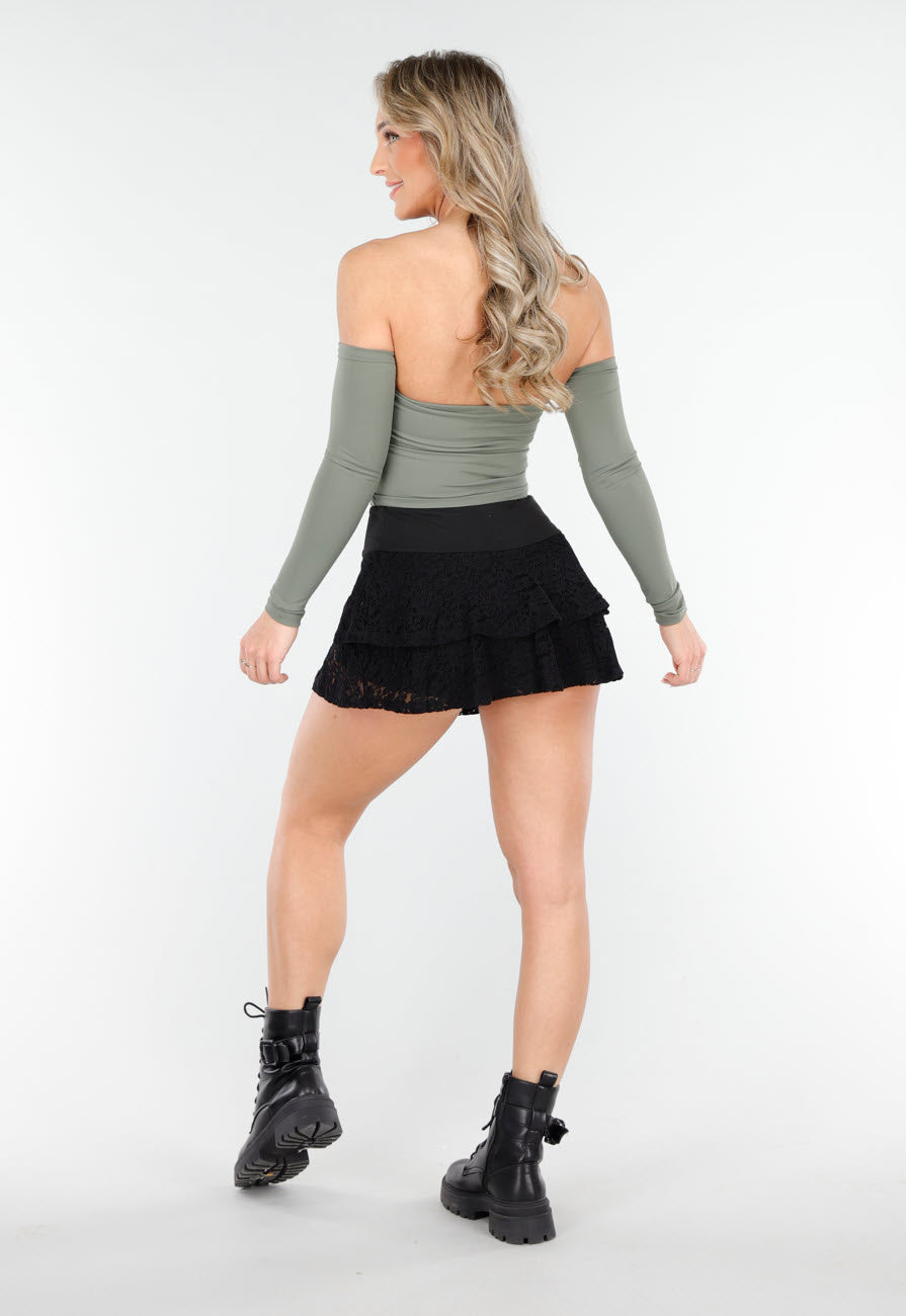 Zwarte Gelaagde Skort van Kant  met Ruffles en Brede Tailleband