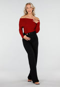 Off Shoulder Glitter Top met Lange Mouwen in Rood
