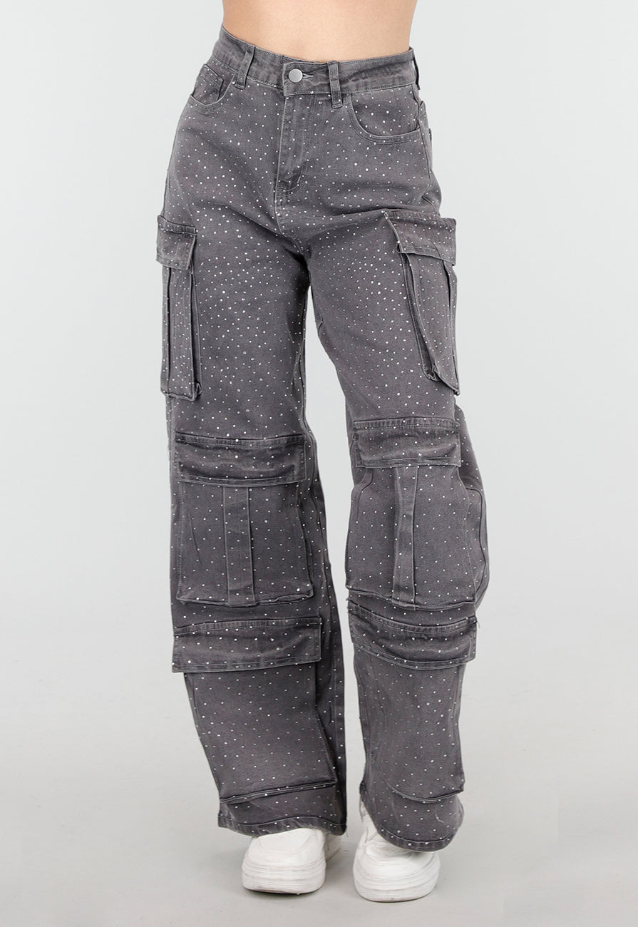 Grijze Cargo Broek met Strass Steentjes