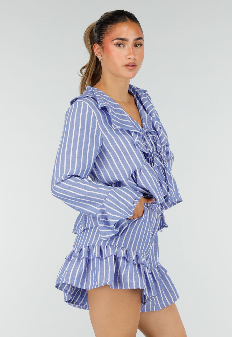 Lila Gestreepte Two Piece Set met Blouse en Rucheshort