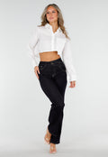 Donkerblauwe High Waist Overslag Wide Leg Jeans met Rechte Pijpen