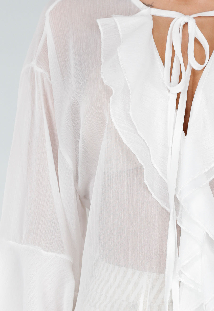 Witte Chiffon Blouse met Ruches en Knoopsluiting