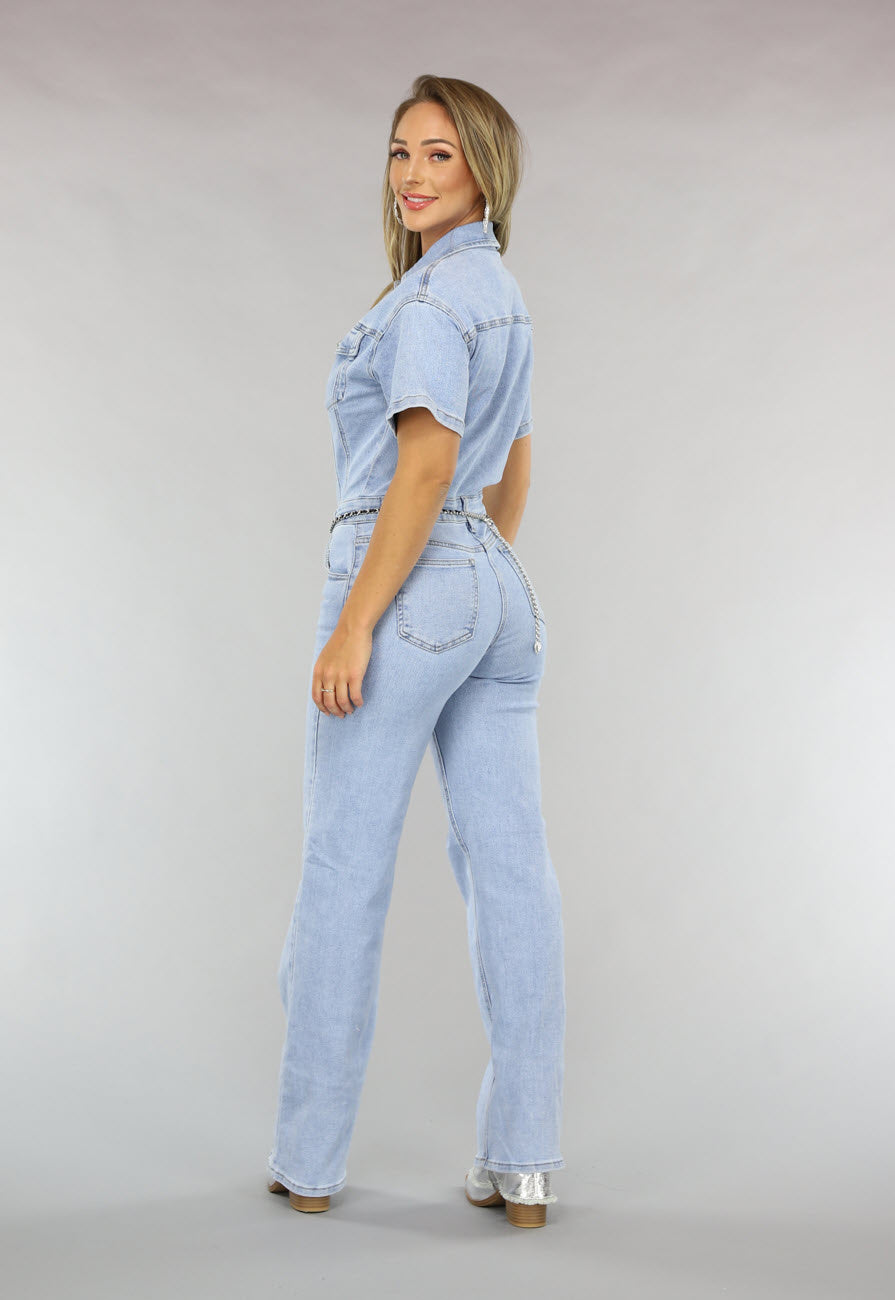Redial Jeans  Blauwe Jeans Jumpsuit met Korte Mouwen en Straight Leg