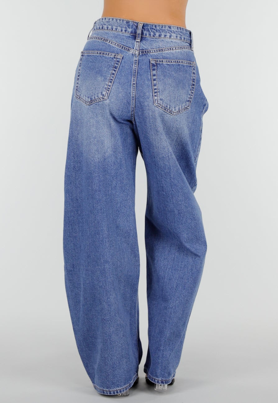 Blauwe Barrel Jeans met Plooidetails en Wijde Pijpen