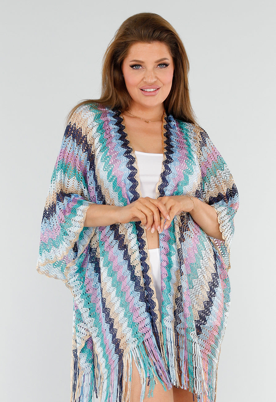 Pastel Zigzag Cover-Up met Franjes en Open Gehaakt Motief