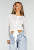 Witte Top met Knoopsluiting, Strik en Lange Mouwen