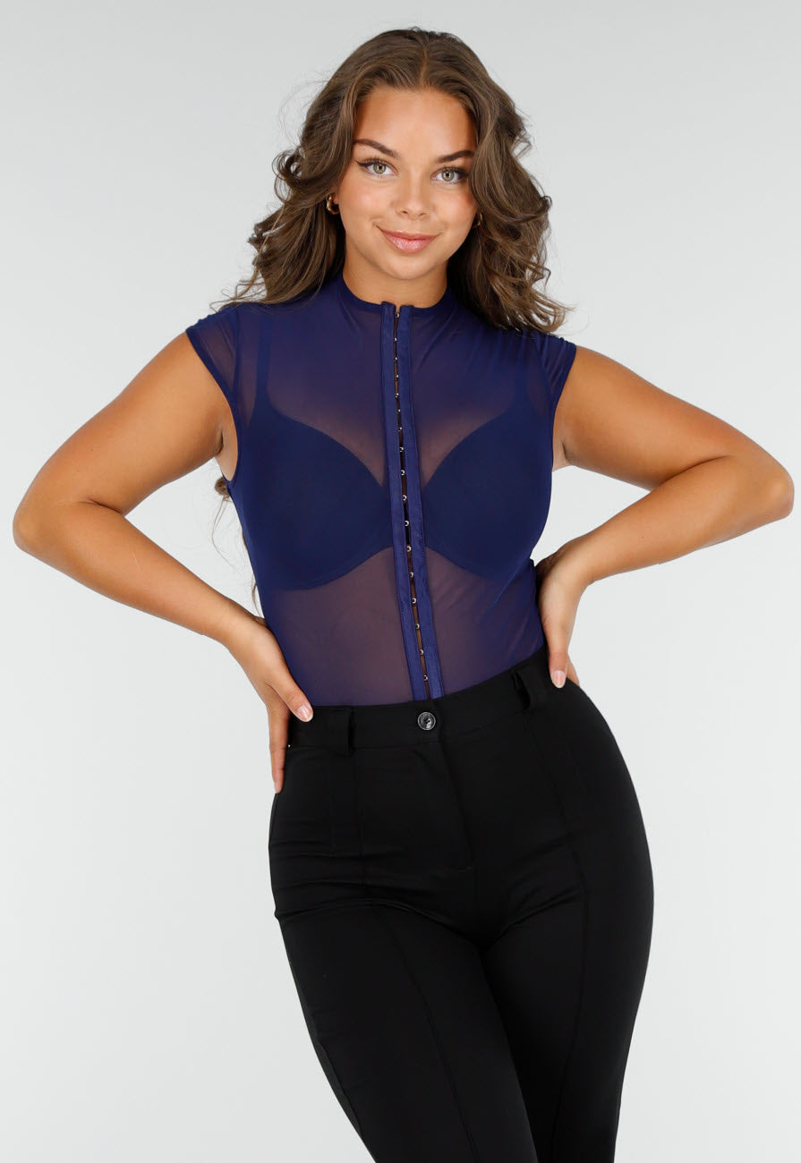 Donkerblauwe Mesh Bodysuit met Haaksluitingen