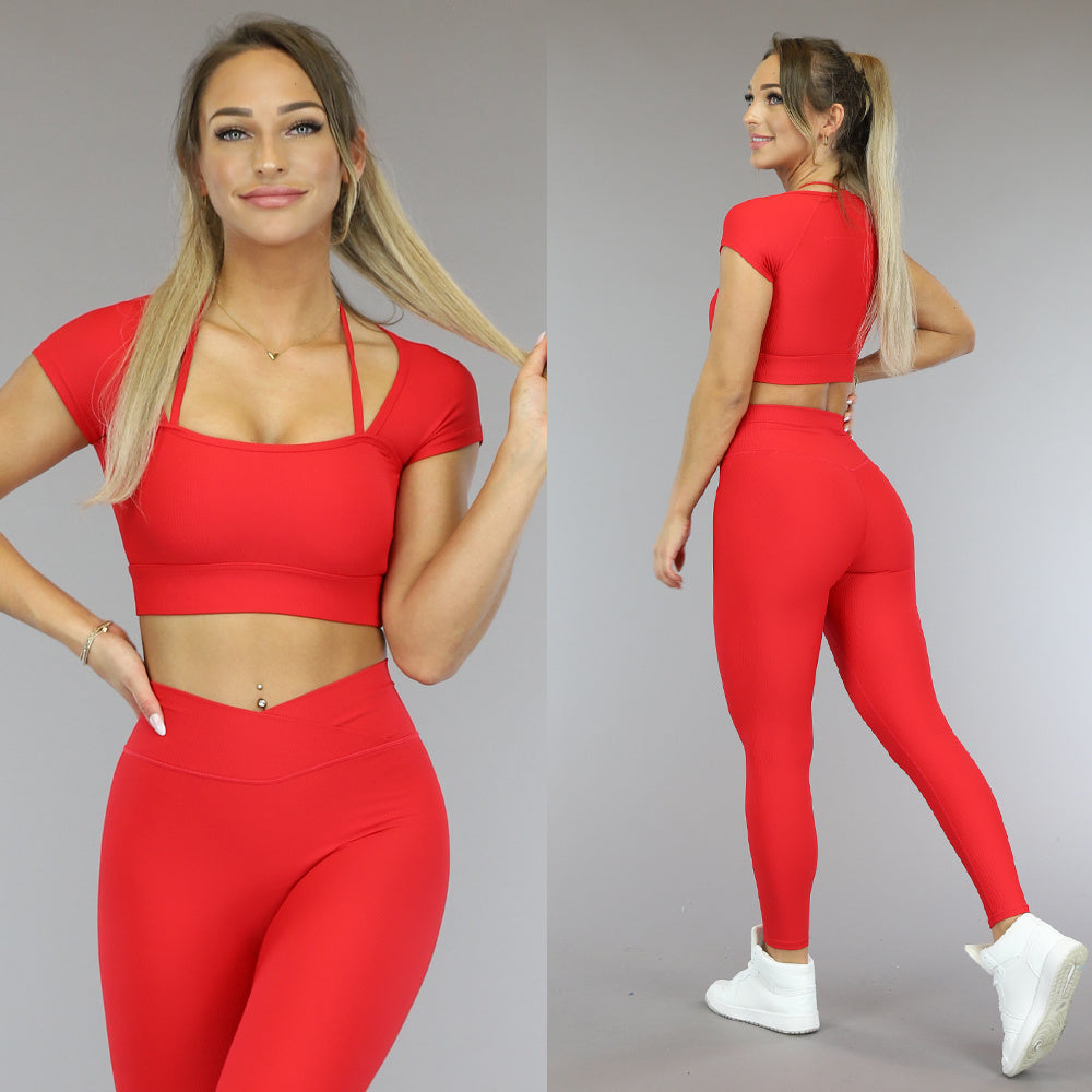 Rode Fijne Rib Sporttop met Straps