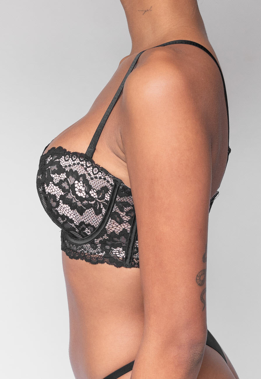 Zwarte Kanten Balconette BH met Push-Up en Afneembare Bandjes