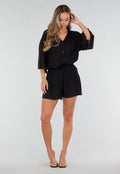 Zwarte Blouse en Short Set met Wijde Mouwen