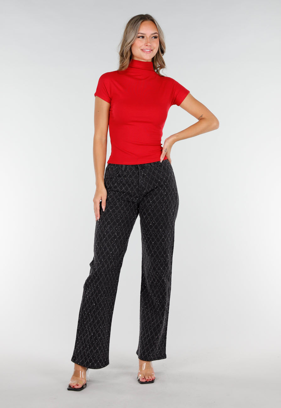Rode Stretch Top met Col en Korte Mouwen