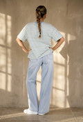 Geel Blauw Gestreept T-shirt met Korte Mouwen en Ronde Hals
