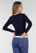 Donkerblauwe Longsleeve Top met V-Hals en Witte Boorden
