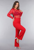 Rode Lace Stretch Jumpsuit met Rechte Pijpen