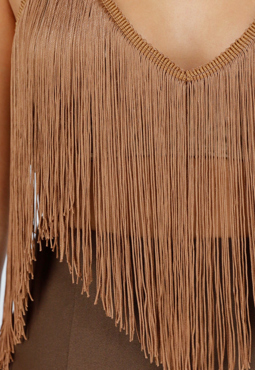 Bruine Fringe Haltertop met Open Rug