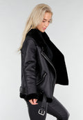 Zwarte Imitatie Leren Biker Jas met Faux Fur