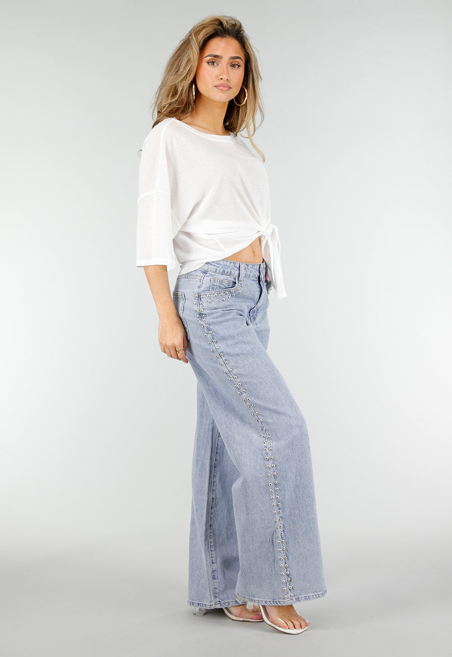 Lichtblauwe Denim Wide Leg Jeans met Studs en Mid Waist