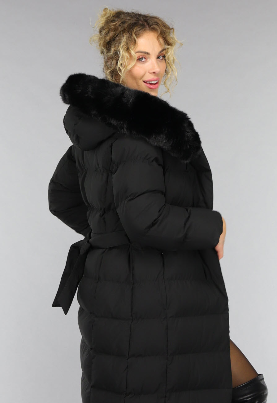 Zwarte Lange Pufferjacket met Bontkraag