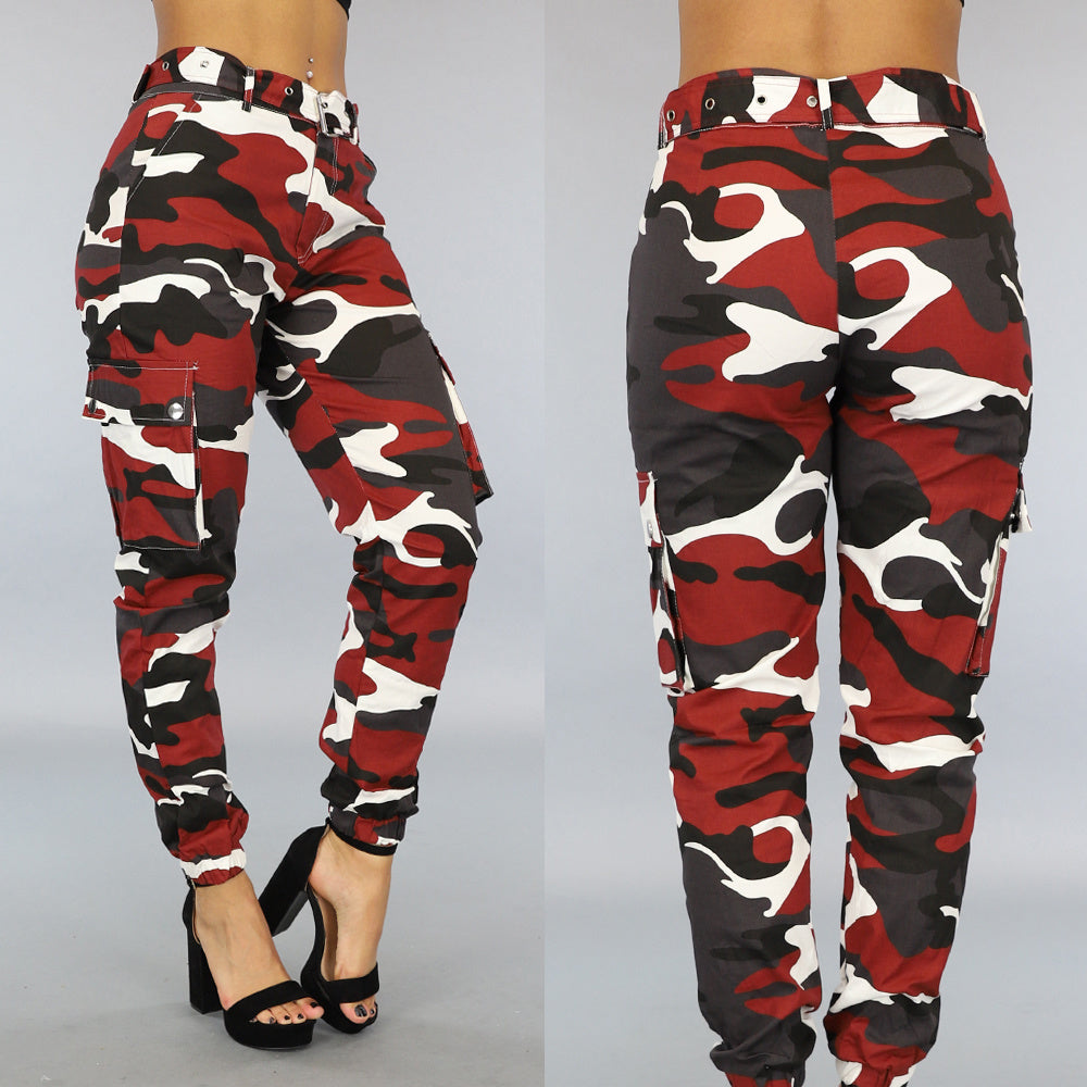 Roestbruine Cargo Broek met Camouflage Print