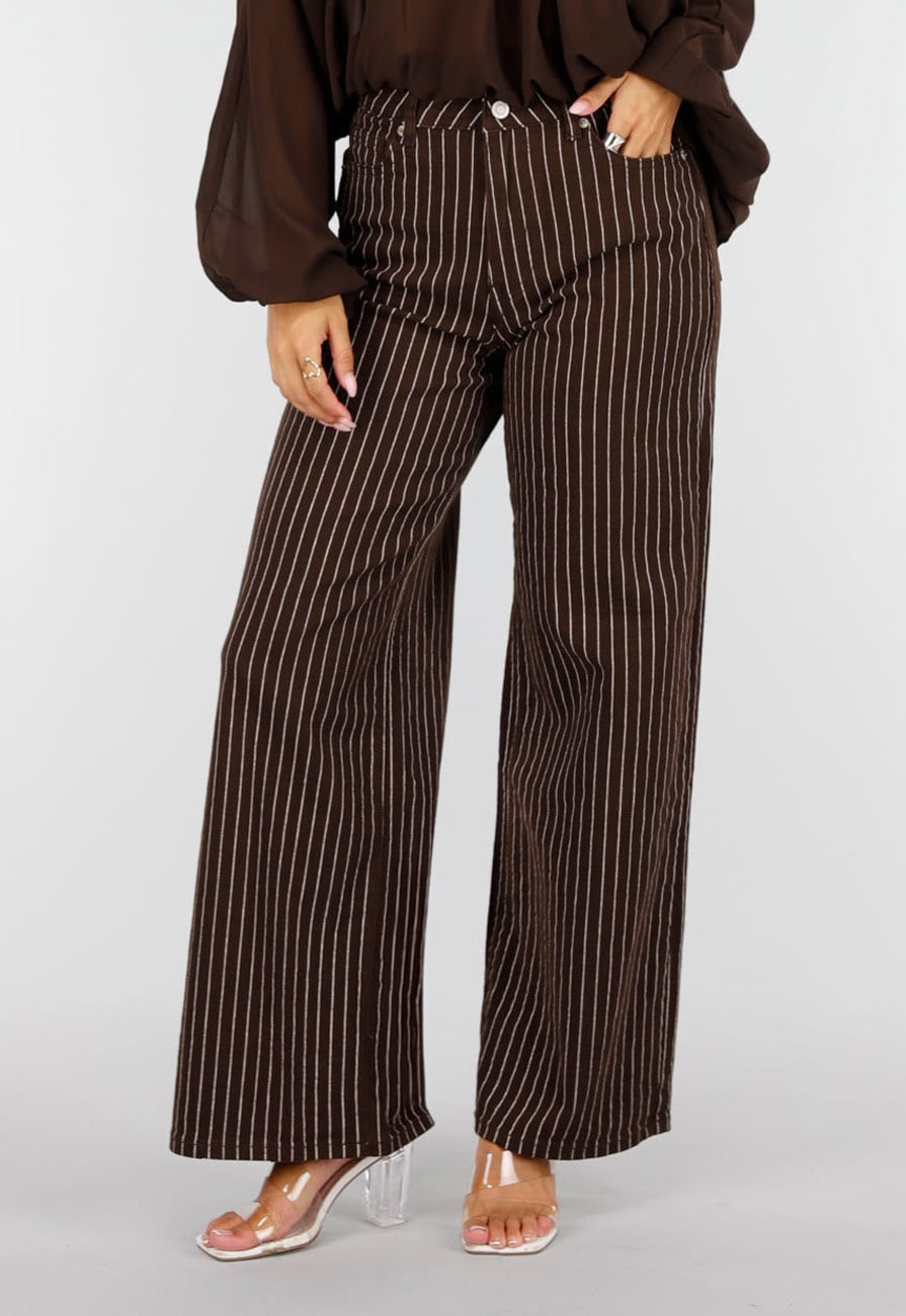 Bruine Wide Leg Jeans met Krijtstreep en Steekzakken