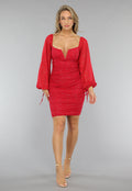 Mesh Glitter Jurk in Rood met Pofmouwen