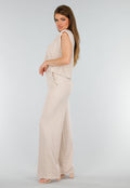 Beige Mouwloze Stretch Top met Schoudervulling en Ronde Hals