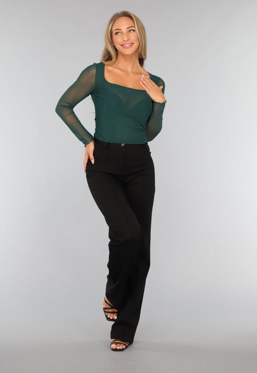 Korte Donkergroene Longsleeve Mesh Top