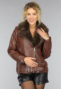 Bruine Lederlook Jas met Faux Fur Kraag
