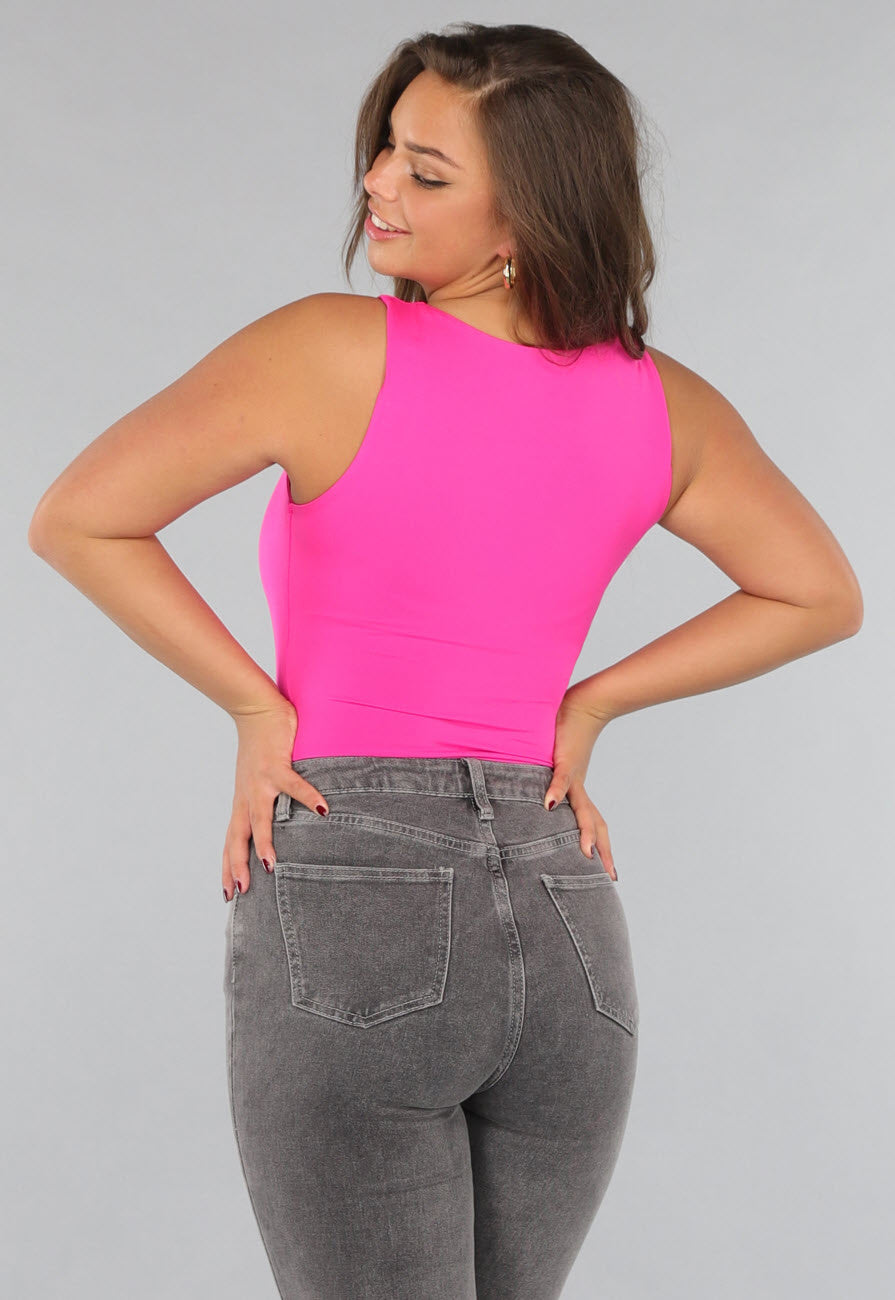 Fel Roze Mouwloze Body met Vierkante Hals